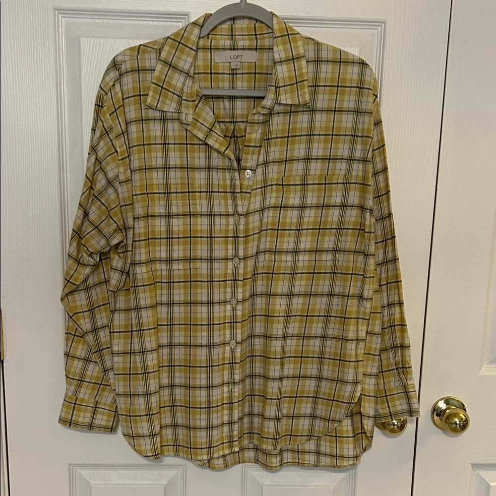 LOFT Mustard, Grey and White Plaid Shirt